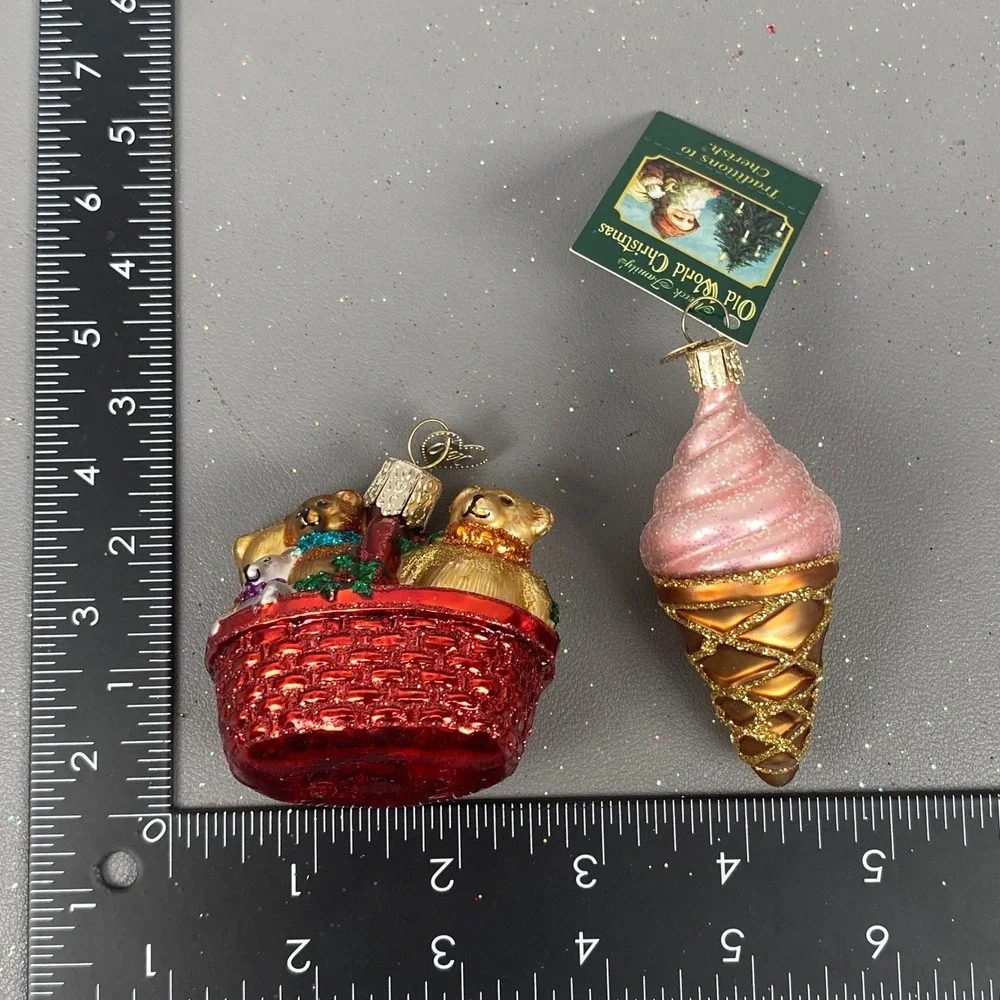 Old World Christmas Glass Ornaments Teddy Bear Basket & Pink Ice Cream Cone Set